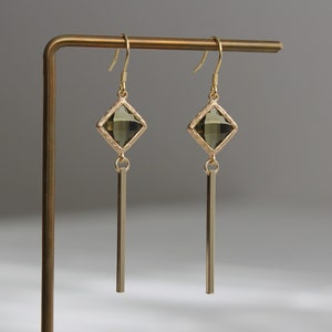 Gold plated bar with peridot green glass beads earrings Geometric earrings Gift image 3