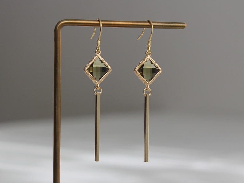 Gold plated bar with peridot green glass beads earrings Geometric earrings Gift image 3