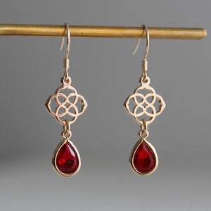 Gold plated celtic pendant with red glass teardrop earrings Wedding Bridesmaid earrings Gift for her