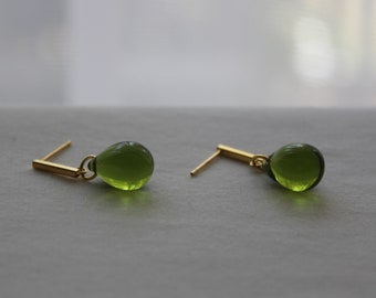 Peridot glass teardrop earrings with gold plated over silver bar push backs Minimal olive green earrings Gift