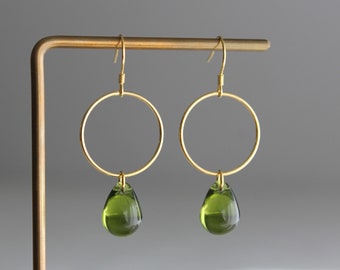Gold plated over silver hoop with peridot green teardrop earrings Everyday Minimal earrings Gift