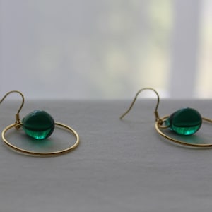 Gold plated over silver hoop earrings with emerald green glass teardrops Gift image 5