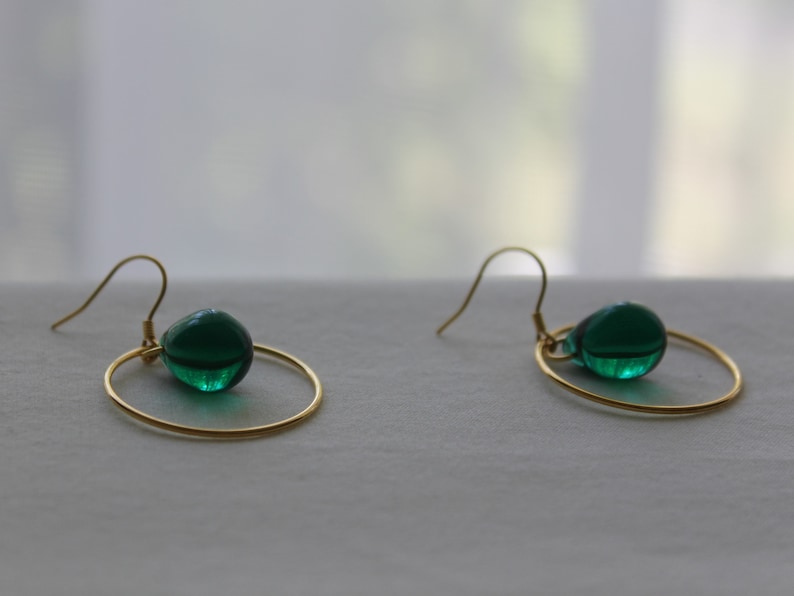 Gold plated over silver hoop earrings with emerald green glass teardrops Gift image 5