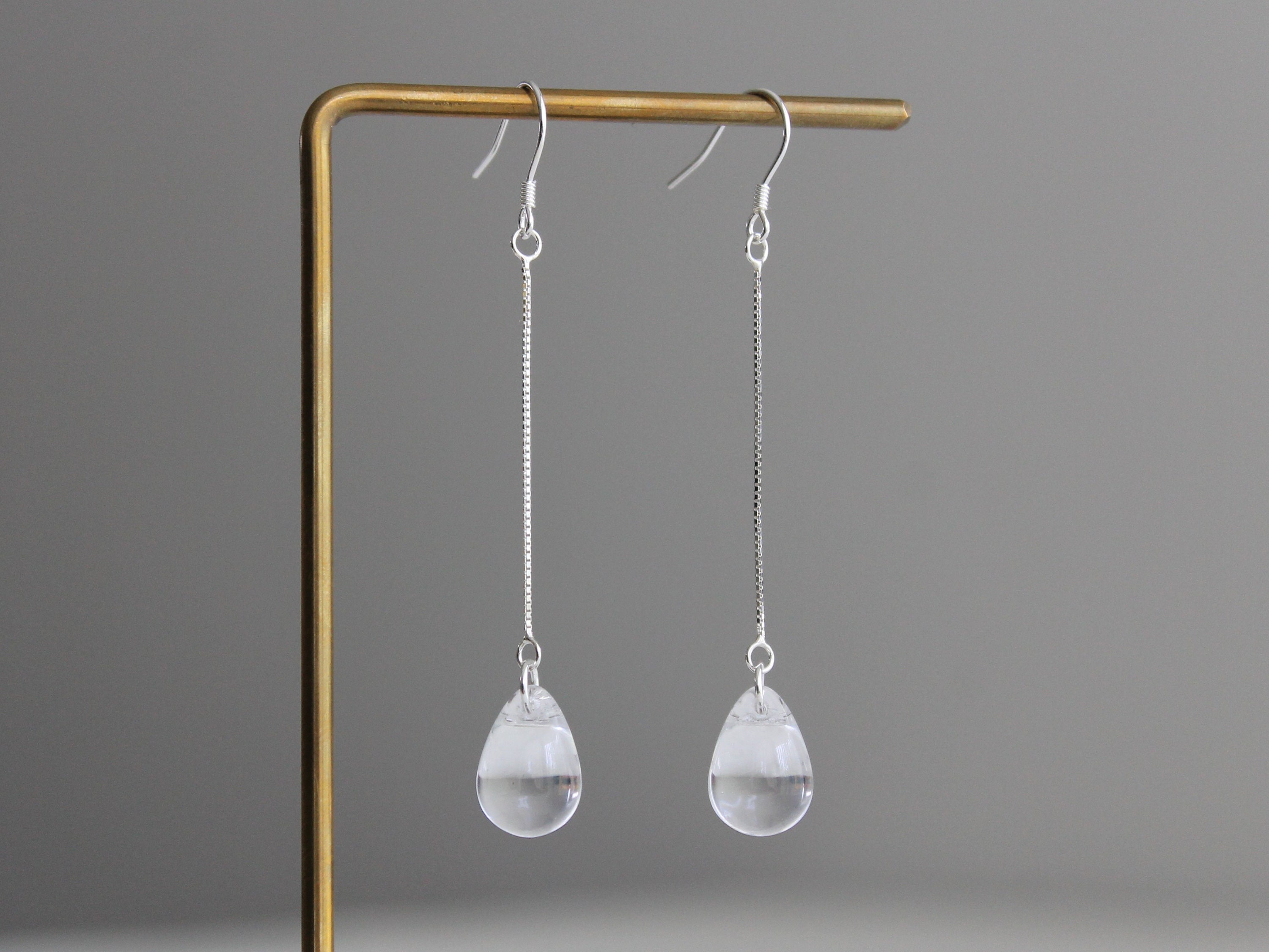 Sterling silver long chain with clear glass teardrop earrings Minimal earrings Party earrings Gift for her