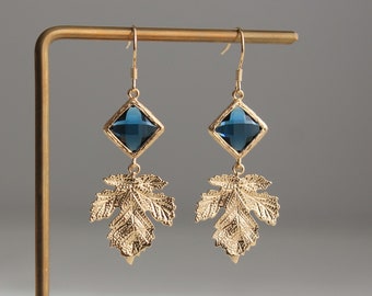 Gold plated leaf and dark blue glass bead earrings Wedding Bridesmaids earrings Gift