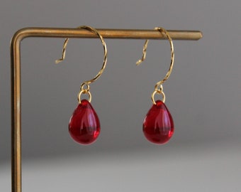 Red Teardrop earrings with oversized ear hooks Minimal earrings Gift