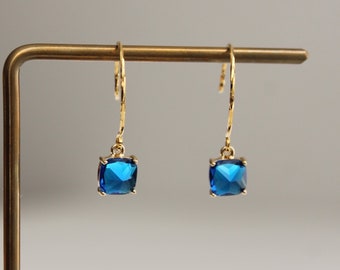 deep blue square zircon earrings with oversized gold plated over silver ear wires Gift