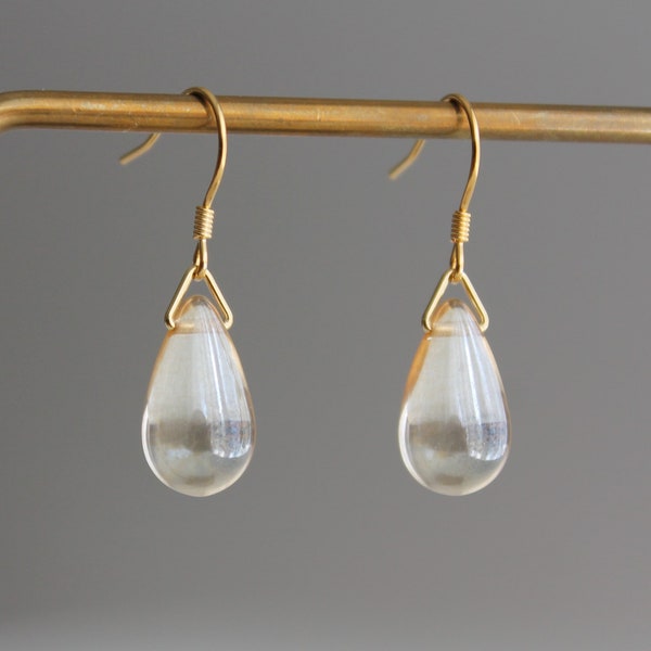 Crystal AB clear and gold two tone glass teardrop earrings Everyday Minimal earrings Gift