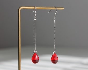 Silver chain and red teardrop earrings Minimal classic earrings Occasion earrings Party earrings Gift