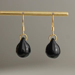 Black teardrop earrings with gold plated over silver ear wires Minimal earrings
