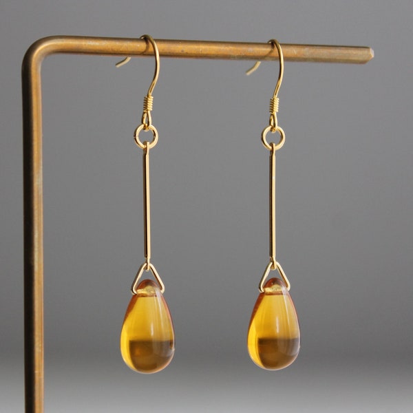 Gold plated over silver bar with Amber colour glass teardrop earrings Handmade earrings Gift