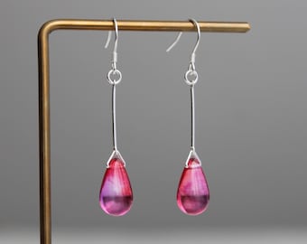 Sterling silver bar rose pink teardrop earrings Classic minimal earrings Gift