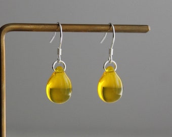 Sterling silver yellow glass teardrop earrings Everyday Minimal earrings Essential earrings Gift