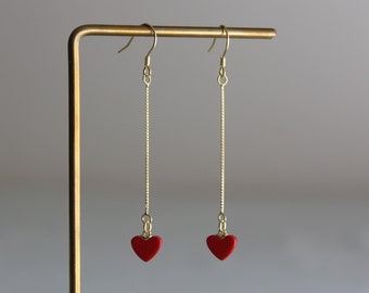 Gold chain and red heart earrings Occasion earrings Gift