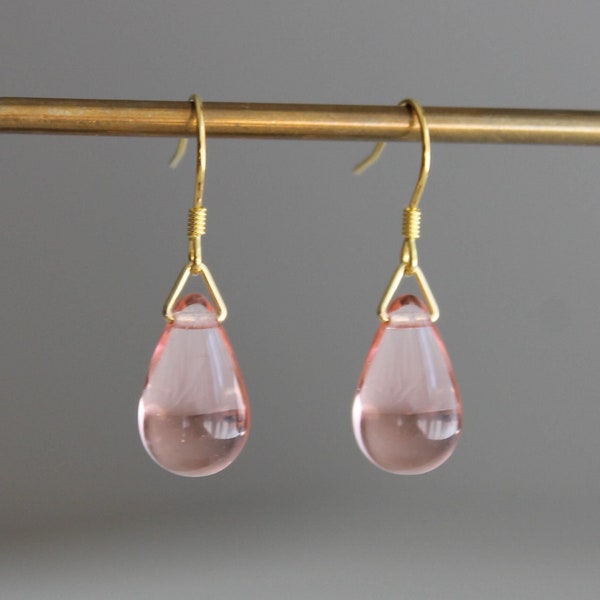 Blush pink teardrop earrings with gold plated over silver hooks Gift