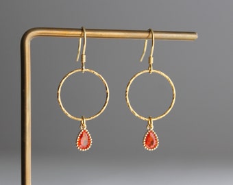 Gold plated over silver patterned hoop with red teardrop earrings Everyday Minimal earrings Gift