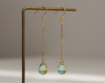 Gold plated over silver chain and green blue two tone teardrop earrings Gift