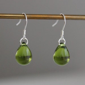 Peridot Green Glass Teardrop Earrings: Sterling Silver ear wires