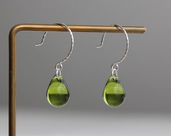 Peridot green glass teardrop earrings with oversized sterling silver ear wires Minimal earrings Gift