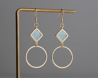 Gold plated hoop earrings with mint green beads earrings Gift