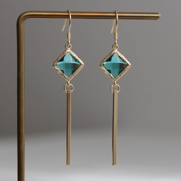 Gold plated bar with emerald green glass beads earrings Geometric earrings Gift