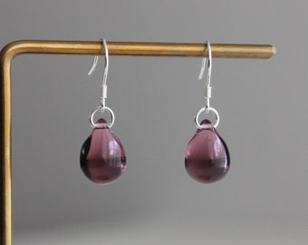 Sterling silve plum purple glass teardrop earrings Minimal Essential earrings Gift