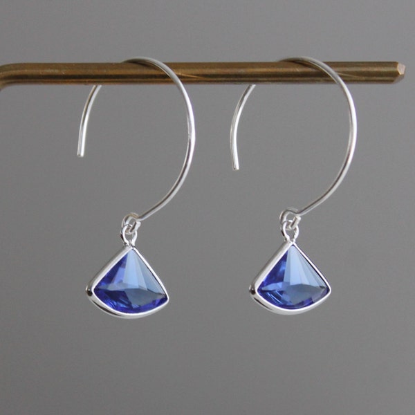 Sapphire blue fan shaped earrings with oversized sterling silver ear wires Minimal earrings Gift
