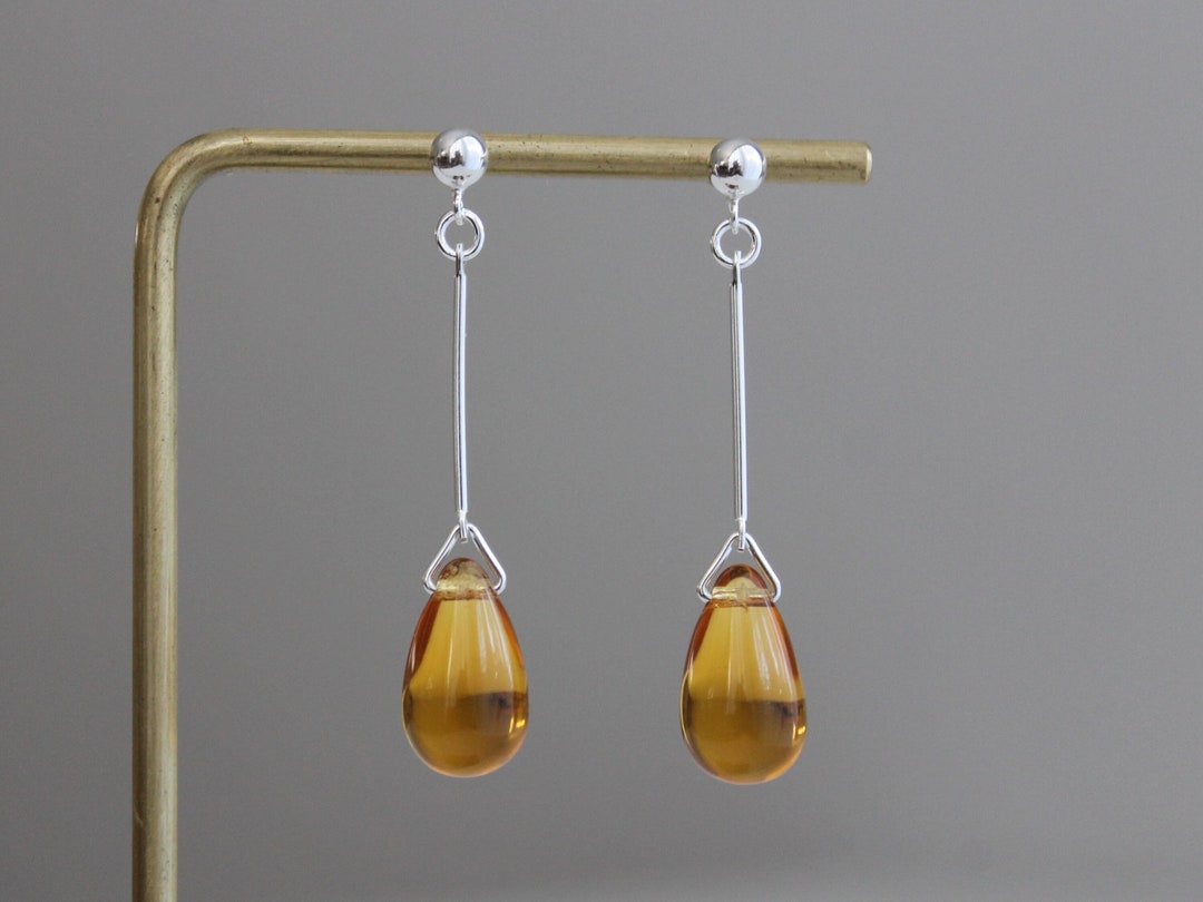 Rod Earring Sterling Silver Rod Push Back Earrings With Amber Colour Glass ...