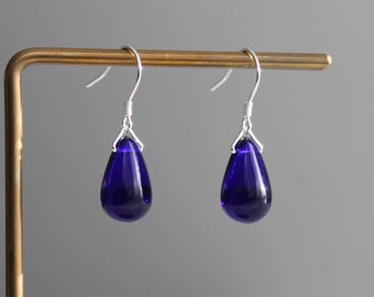 Cobalt blue Glass teardrop earrings with sterling silver hooks Minimal classic earrings Gift