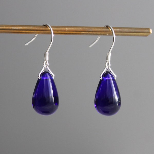 Cobalt blue Glass teardrop earrings with sterling silver hooks Minimal classic earrings Gift