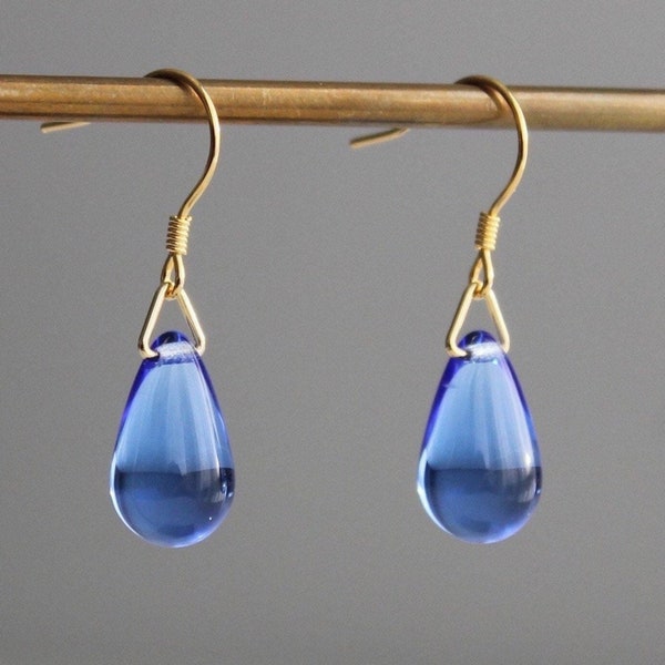 Sapphire blue glass teardrop earrings Everyday Minimal earrings Gift