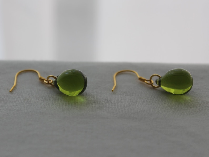 Peridot green Glass teardrop earrings with gold plated over silver ear wires Minimal Essential earrings Gift image 2