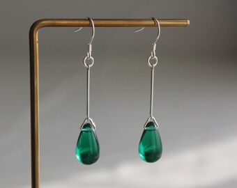 Sterling silver bar with emerald green glass teardrop earrings Minimal elegant earrings Gift