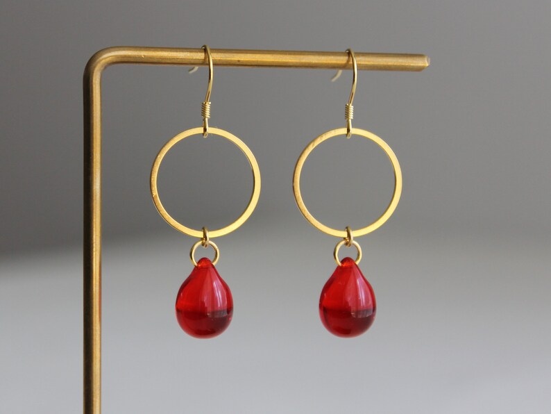 925 Sterling silver hoop earrings Red teardrop glass beads earrings Gift for her 925 Sterling silver hoop earrings Red teardrop glass beads earrings Gift for her