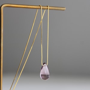 Light plum purple Czech glass teardrop necklace with gold plated over silver chain