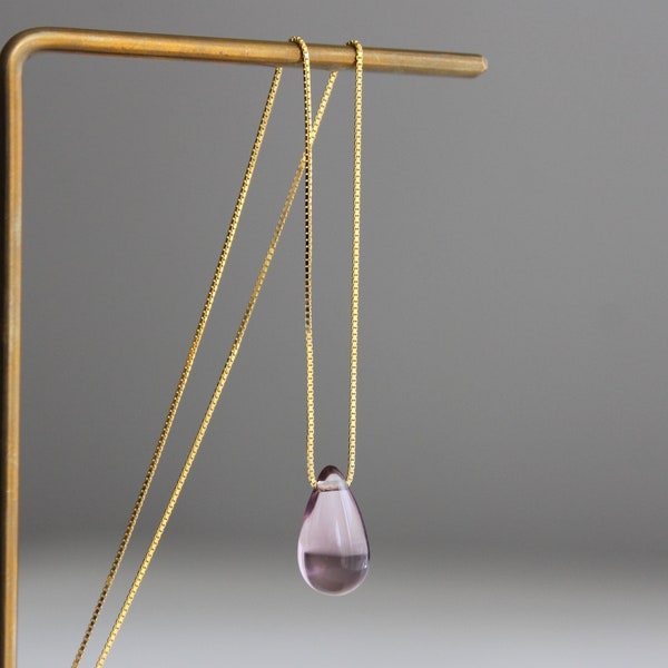 Light plum purple glass teardrop necklace with gold plated over silver chain Classic minimal necklace Gift