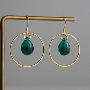 Gold plated over silver hoop earrings with emerald green glass teardrops Gift