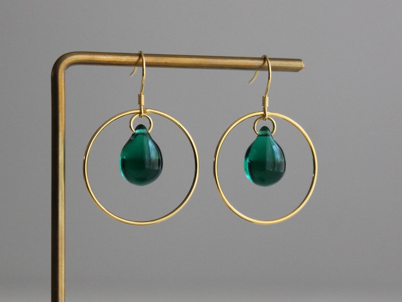 Gold plated over silver hoop earrings with emerald green glass teardrops Gift image 4