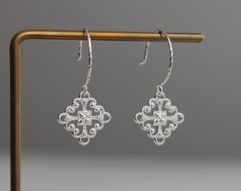 Silver plated square filigree earrings with oversized ear wires Valentine's Day Gift