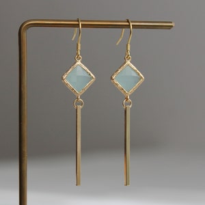 Gold plated bar with mint green glass beads earrings Geometric earrings Gift for her