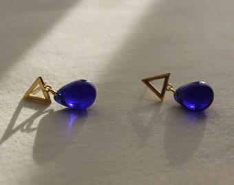 Gold plated over silver triangle earrings with cobalt blue teardrops Essential Minimal earrings Gift