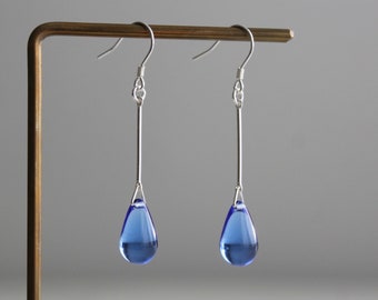 Sterling silver bar with Sapphire blue glass teardrop earrings Minimal stylish earrings Gift