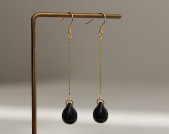 Gold plated over silver chain and black teardrop earrings Minimal earrings Gift