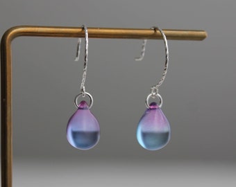 Purple and blue two tone glass teardrop earrings with oversized sterling silver ear wires Minimal earrings Gift