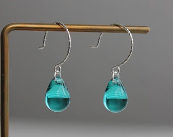 Teal green glass teardrop earrings with oversized sterling silver ear wires Minimal earrings Gift