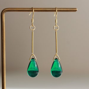 Gold plated over silver bar with emerald green teardrop earrings Elegant earrings Gift