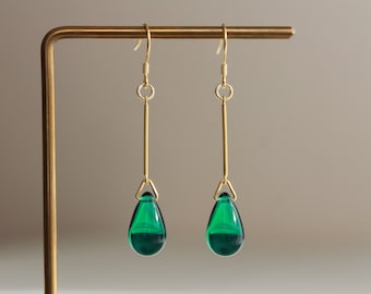 Gold plated over silver bar with emerald green teardrop earrings Elegant earrings Gift