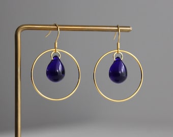 Gold plated over silver hoop earrings with cobalt blue glass teardrops Gift