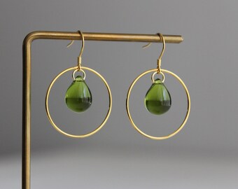 Gold plated over silver hoop earrings with peridot green glass teardrops Olive green earrings Gift