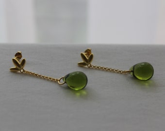 Gold plated over silver leaf push back earrings with chain and peridot green glass teardrops Bridesmaids earrings Gift